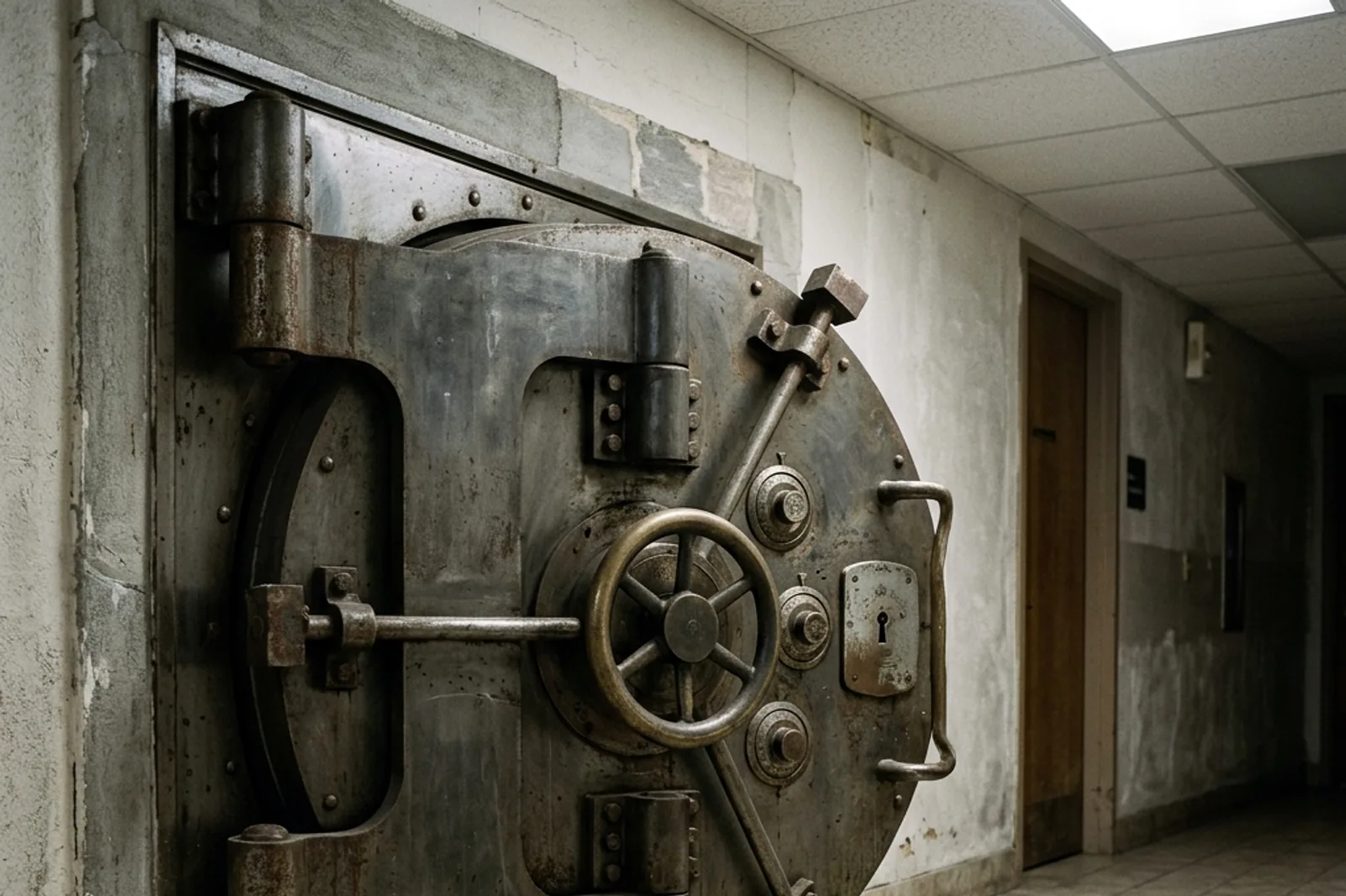 The heavy door of an old bank vault in a corridor.